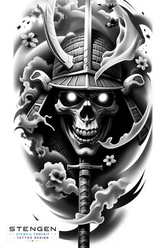 Realistic samurai skull black and white tattoo cracked oni mask with glowing eyes cherry blossoms f