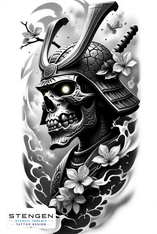 Realistic samurai skull black and white tattoo cracked oni mask with glowing eyes cherry blossoms f