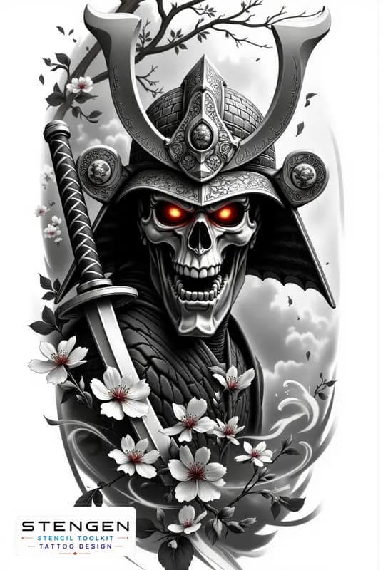 Realistic samurai skull black and white tattoo cracked oni mask with glowing eyes cherry blossoms f