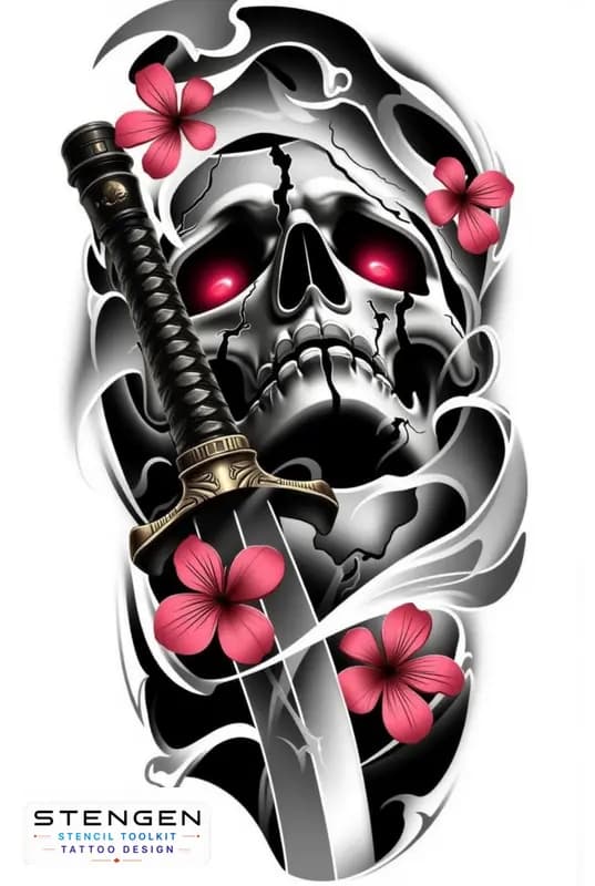 Realistic samurai skull black and white tattoo cracked oni mask with glowing eyes cherry blossoms f