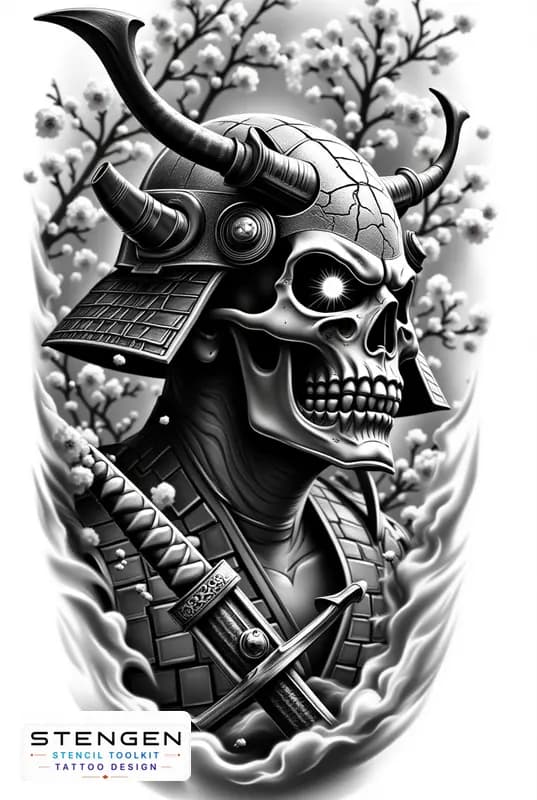 Realistic samurai skull black and white tattoo cracked oni mask with glowing eyes cherry blossoms f