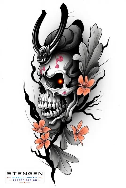 Realistic samurai skull black and white tattoo cracked oni mask with glowing eyes cherry blossoms f