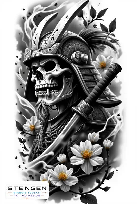 Realistic samurai skull black and white tattoo cracked oni mask with glowing eyes cherry blossoms f