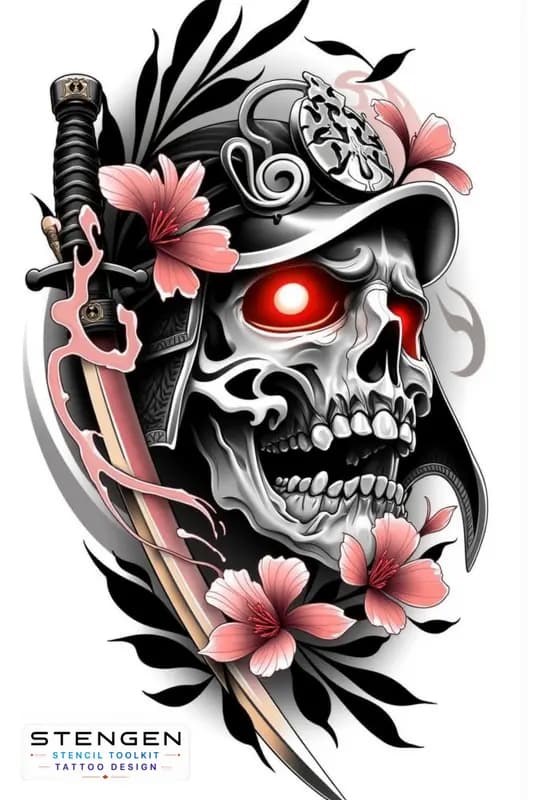 Realistic samurai skull black and white tattoo cracked oni mask with glowing eyes cherry blossoms f