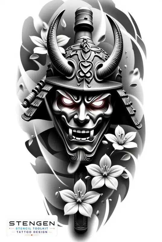 Realistic samurai skull black and white tattoo cracked oni mask with glowing eyes cherry blossoms f