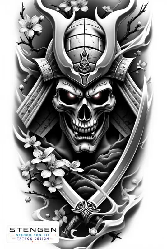 Realistic samurai skull black and white tattoo cracked oni mask with glowing eyes cherry blossoms f