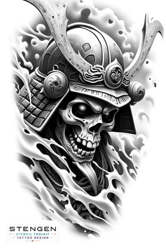 Realistic samurai skull tattoo design black and grey white background