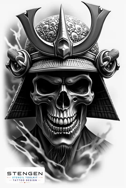 Realistic samurai skull tattoo