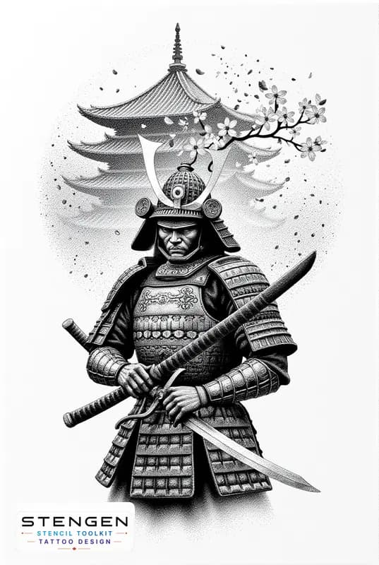Highly detailed realistic tattoo design of a samurai warrior in full traditional armor standing wi
