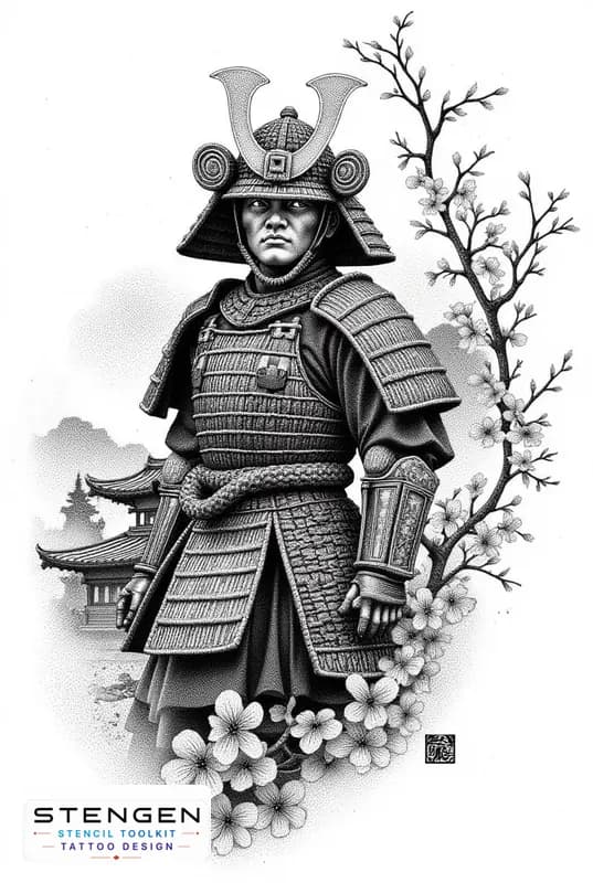 Highly detailed realistic tattoo design of a samurai warrior in full traditional armor standing wit
