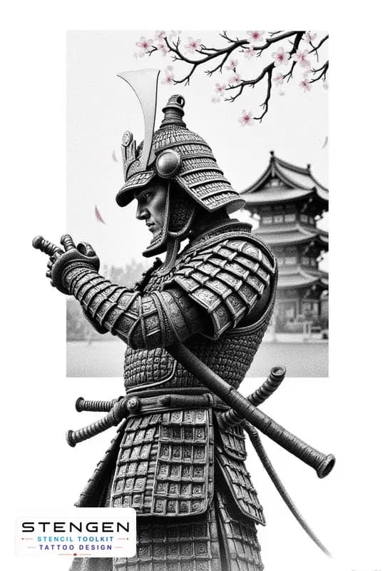 Highly detailed realistic tattoo design of a samurai warrior in full traditional armor standing wit