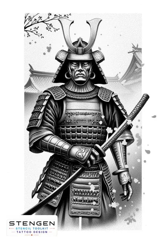 Highly detailed realistic tattoo design of a samurai warrior in full traditional armor standing wit