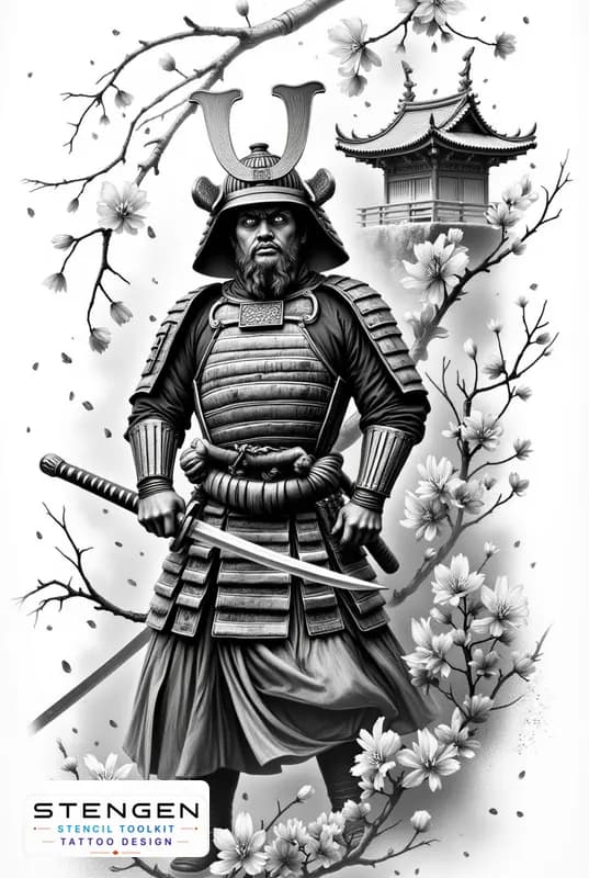 Highly detailed realistic tattoo design of a samurai warrior in full traditional armor standing wit