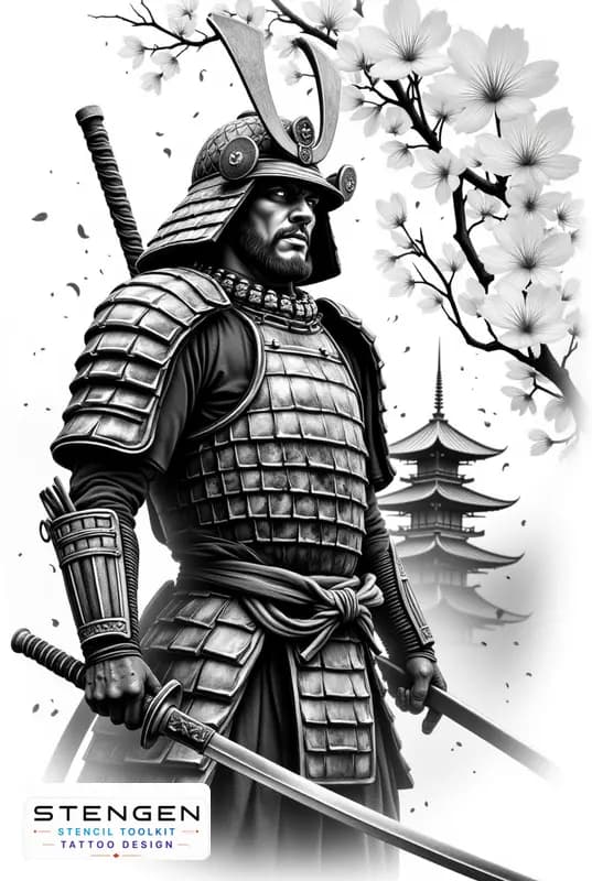 Highly detailed realistic tattoo design of a samurai warrior in full traditional armor standing wit