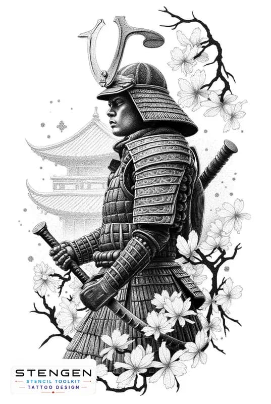 Highly detailed realistic tattoo design of a samurai warrior in full traditional armor standing wit