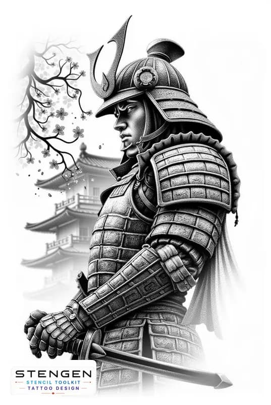 Highly detailed realistic tattoo design of a samurai warrior in full traditional armor standing wit