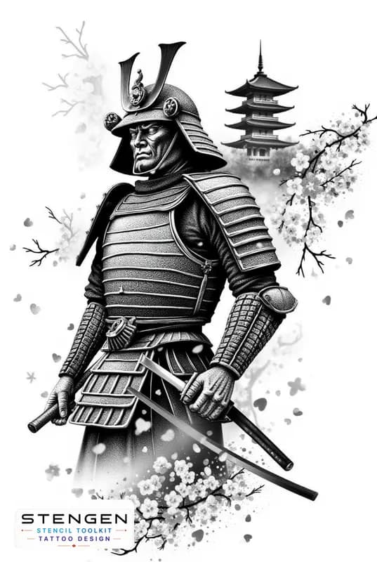 Highly detailed realistic tattoo design of a samurai warrior in full traditional armor standing wi