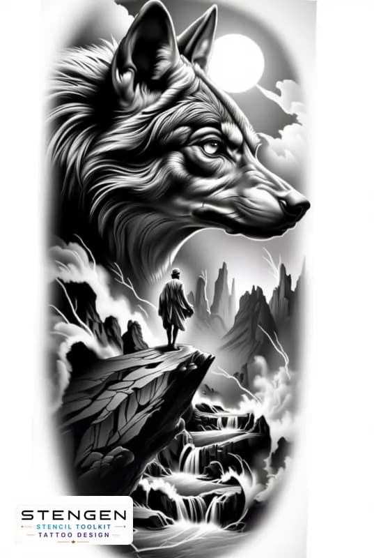 Realistic tattoo sketch of a lone wolf howling on a high rocky cliff rising sun behind the mountain