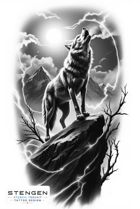 Realistic tattoo sketch of a lone wolf howling on a high rocky cliff rising sun behind the mountain