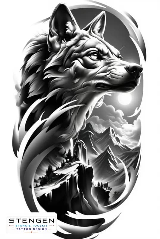 Realistic tattoo sketch of a lone wolf howling on a high rocky cliff rising sun behind the mountain