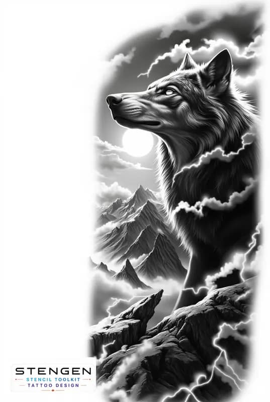 Realistic tattoo sketch of a lone wolf howling on a high rocky cliff rising sun behind the mountain