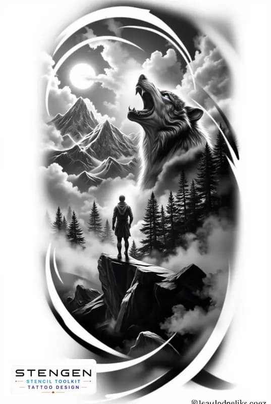 Realistic tattoo sketch of a lone wolf howling on a high rocky cliff rising sun behind the mountain