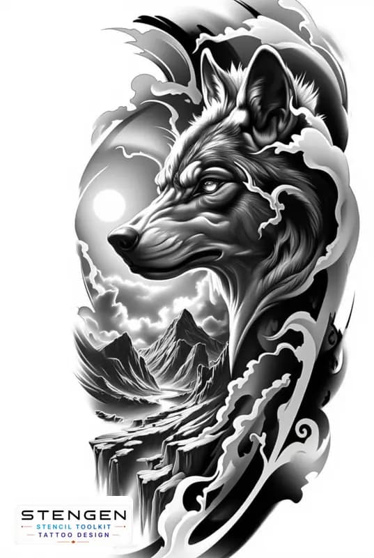 Realistic tattoo sketch of a lone wolf howling on a high rocky cliff rising sun behind the mountain