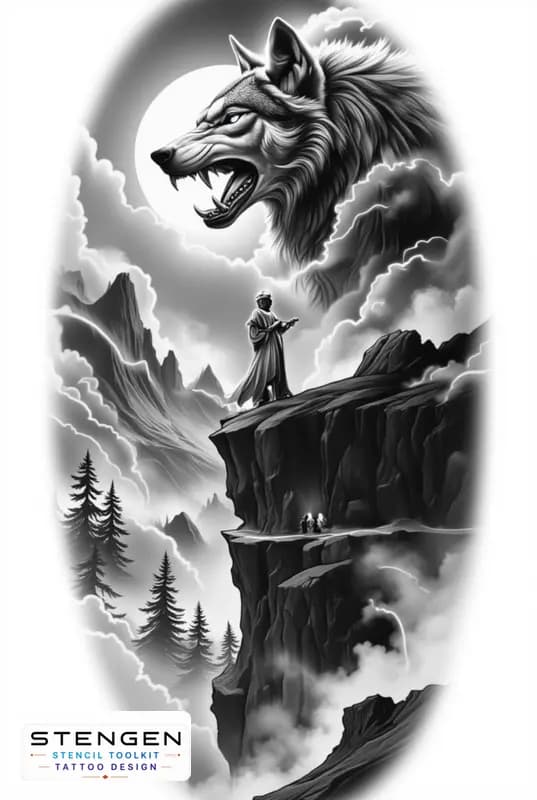 Realistic tattoo sketch of a lone wolf howling on a high rocky cliff rising sun behind the mountain