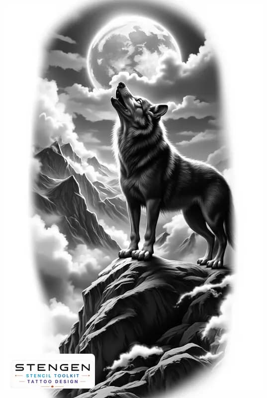 Realistic tattoo sketch of a lone wolf howling on a high rocky cliff rising sun behind the mountain