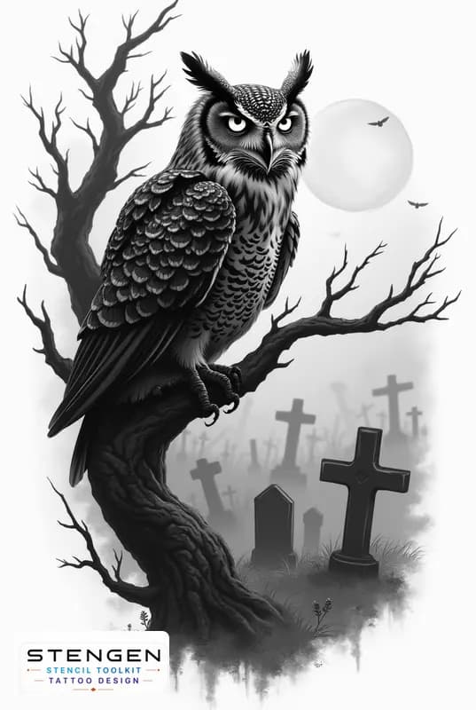 Realistic tattoo sketch of a mysterious owl with glowing eyes perched among twisted branches backgr