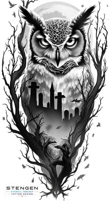 Realistic tattoo sketch of a mystical owl with intense eyes detailed feathers surrounded by twisted