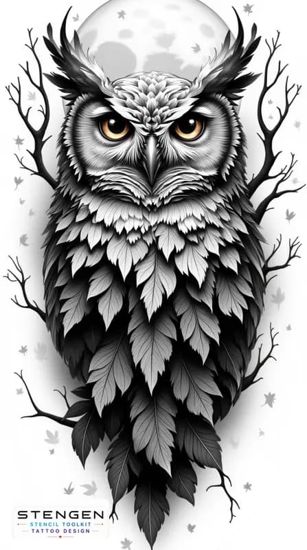 Realistic tattoo sketch of a mystical owl with intense eyes detailed feathers surrounded by twisted