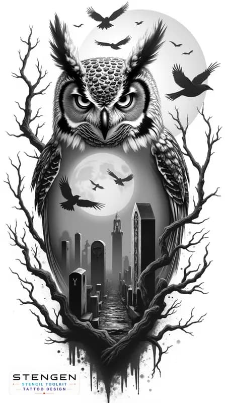 Realistic tattoo sketch of a mystical owl with intense eyes detailed feathers surrounded by twisted