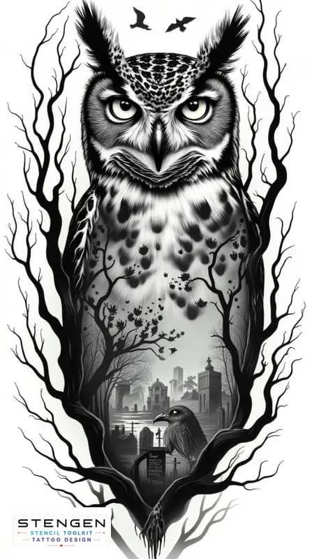 Realistic tattoo sketch of a mystical owl with intense eyes detailed feathers surrounded by twisted