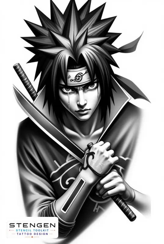 Realistic tattoo sketch of sasuke uchiha with sharingan eyes spiky hair ninja headband black cloak