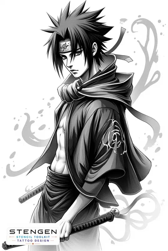 Realistic tattoo sketch of sasuke uchiha with sharingan eyes spiky hair ninja headband black cloak