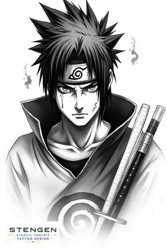 Realistic tattoo sketch of sasuke uchiha with sharingan eyes spiky hair ninja headband black cloak