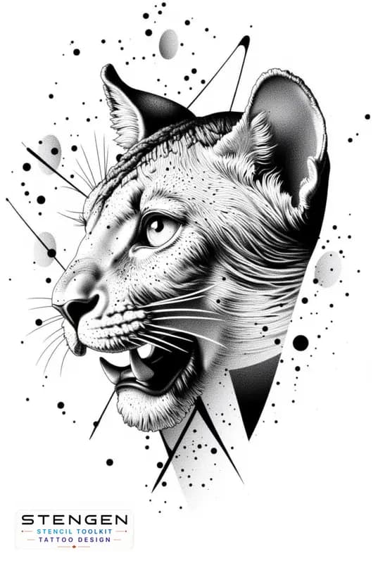 Highly detailed roaring lion tattoo design symmetrical geometric shapes around the head black and g