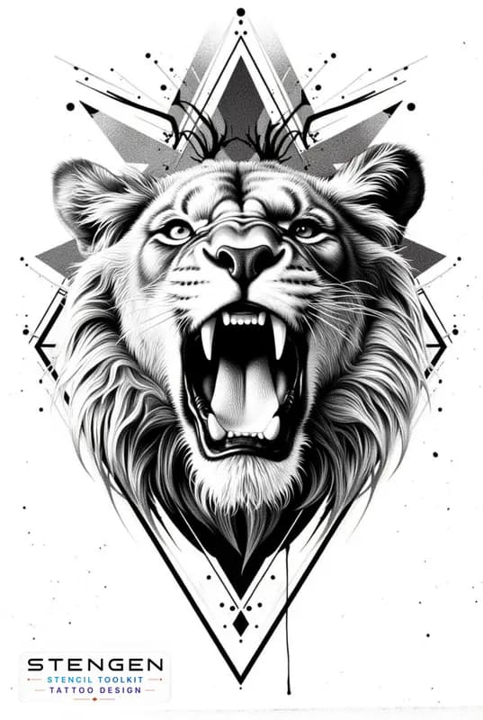 Highly detailed roaring lion tattoo design symmetrical geometric shapes around the head black and g