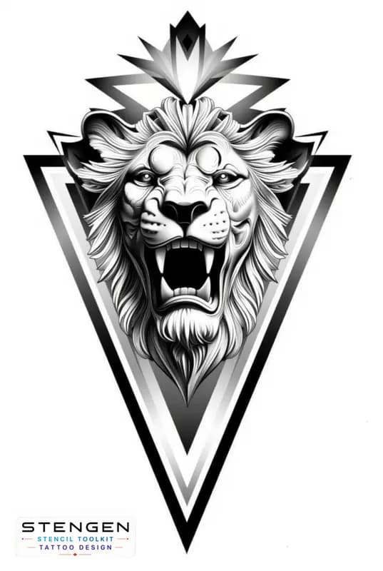 Highly detailed roaring lion tattoo design symmetrical geometric shapes around the head black and g