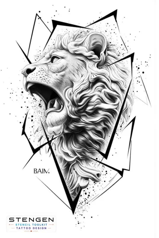 Highly detailed roaring lion tattoo design symmetrical geometric shapes around the head black and g
