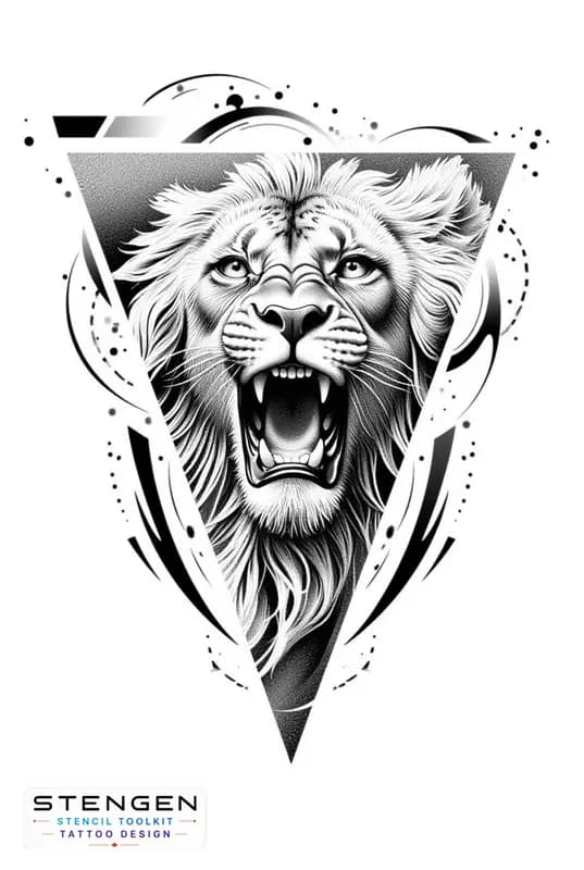 Highly detailed roaring lion tattoo design symmetrical geometric shapes around the head black and g