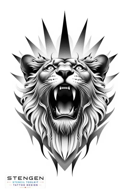Highly detailed roaring lion tattoo design symmetrical geometric shapes around the head black and g