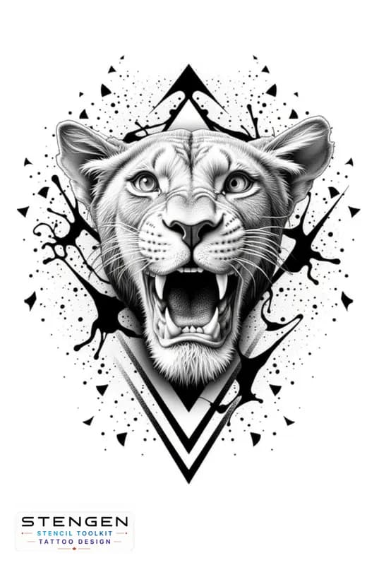 Highly detailed roaring lion tattoo design symmetrical geometric shapes around the head black and g