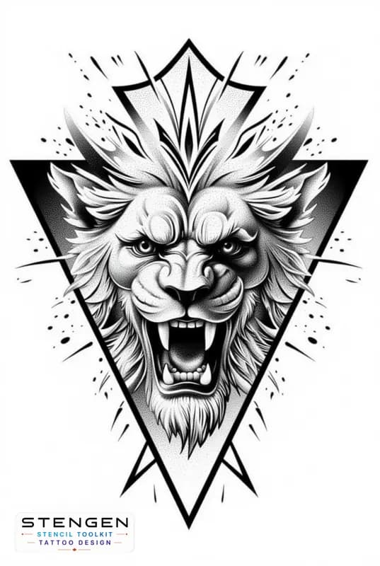 Highly detailed roaring lion tattoo design symmetrical geometric shapes around the head black and g