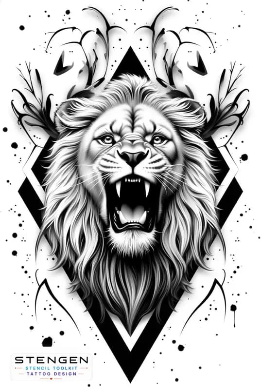 Highly detailed roaring lion tattoo design symmetrical geometric shapes around the head black and g