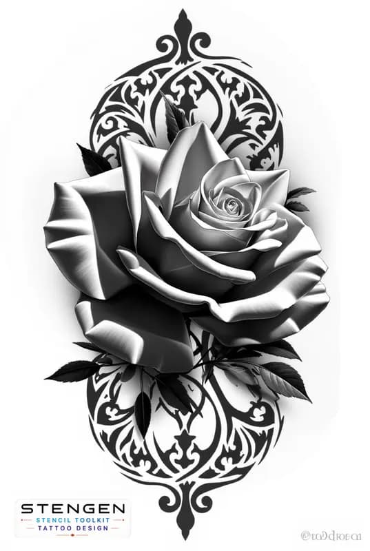 Rose tattoo design with geometric mandala white background