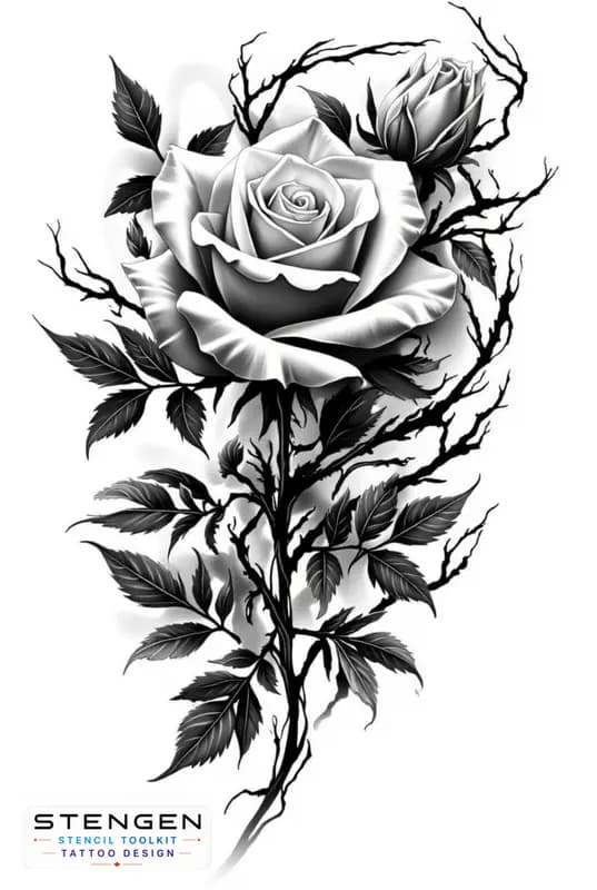 Rose tattoo design with geometric mandala white background