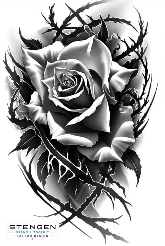 Rose tattoo design with geometric mandala white background