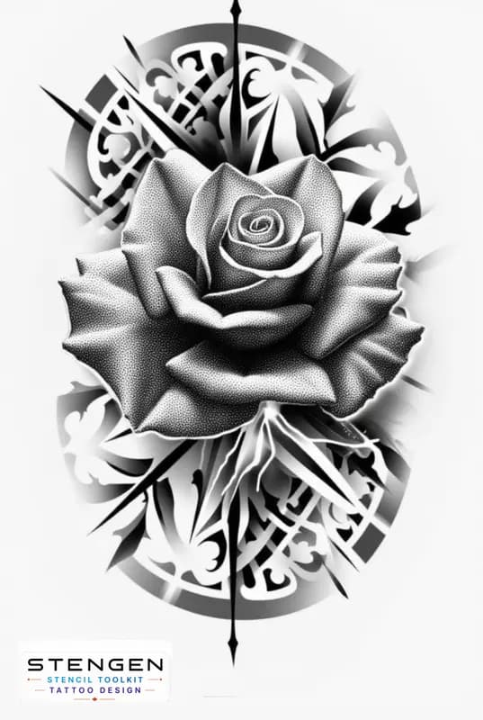 Rose tattoo design with geometric mandala white background